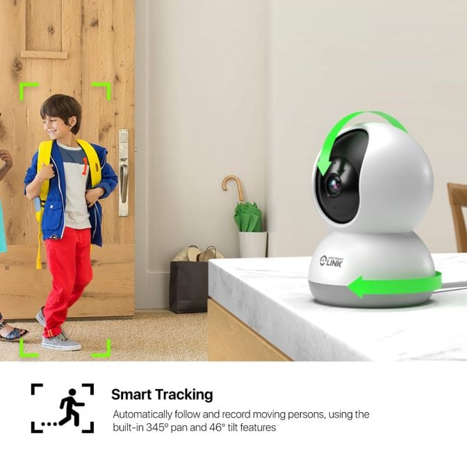 A child walking away with a smart tracking camera on a table.