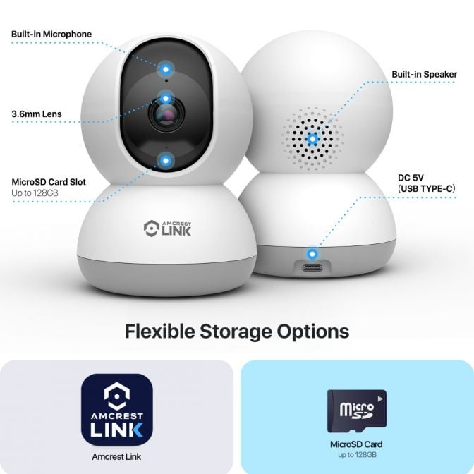 Smart security camera with flexible storage options and two-way audio.
