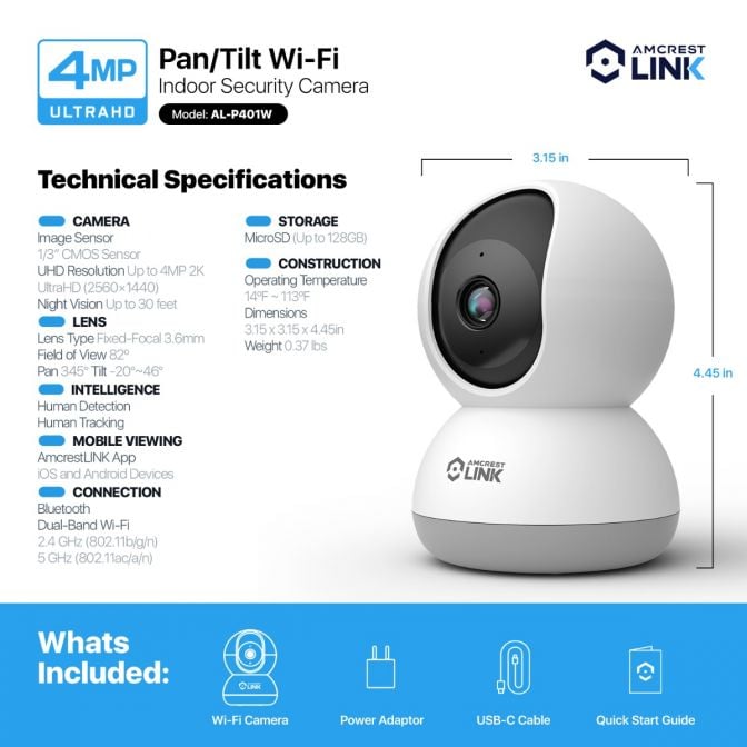 Pan/Tilt Wi-Fi indoor security camera with smart features and remote access.