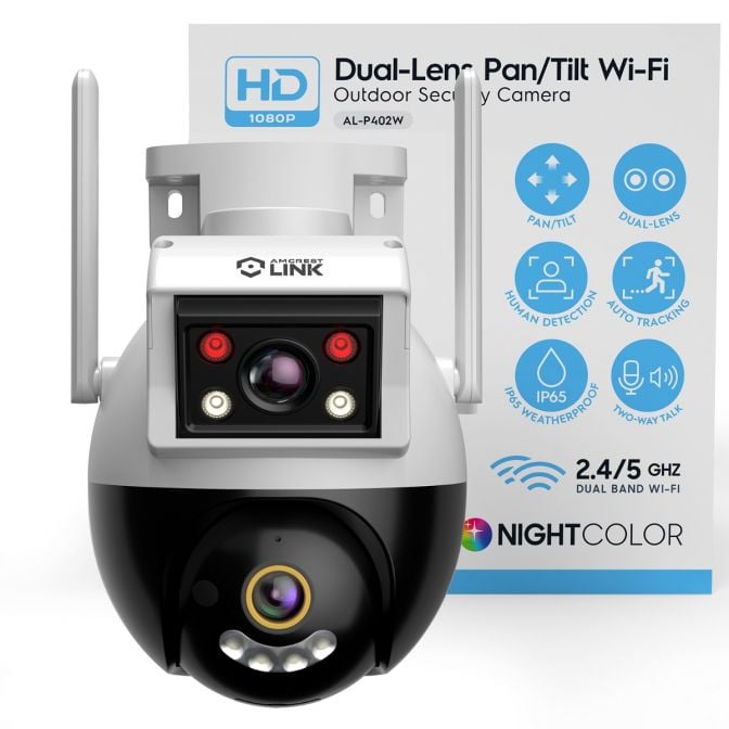 HD dual-lens security camera with night color and Wi-Fi.