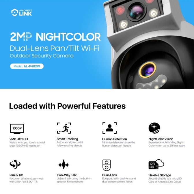 2MP Night Color Dual-Lens Security Camera with Wi-Fi.