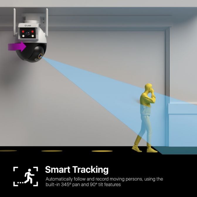 A security camera tracks a walking woman with smart technology.