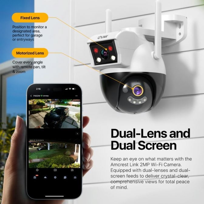 Dual-lens security camera with dual screen monitoring via smartphone app.