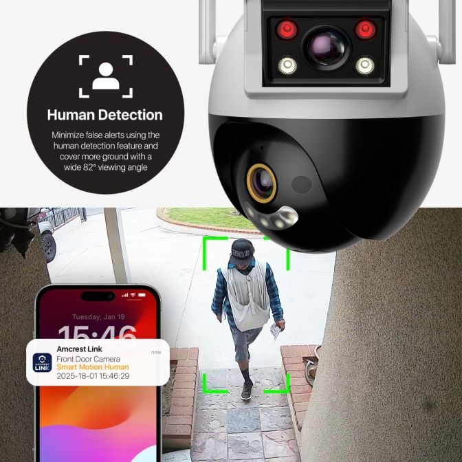 Security camera detects and alerts human presence at the doorstep.