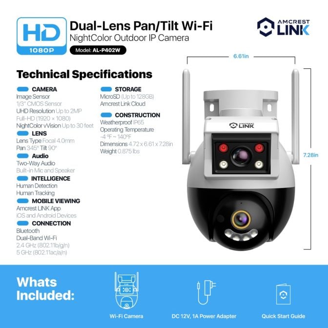 Dual-lens Wi-Fi night color IP camera with 4MP and 1080p resolution.