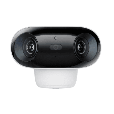 A sleek, black dual-lens camera with a modern design.