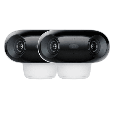 Two sleek black wireless security cameras with rounded design.