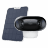 Compact solar-powered security camera with dual lenses and solar panel.