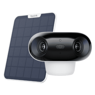 Compact solar-powered security camera with dual lenses and solar panel.