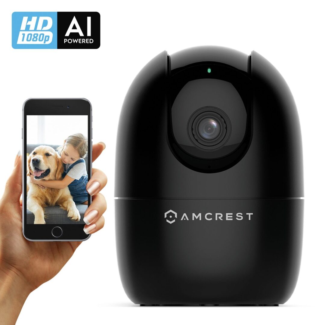 Amcrest black smart security camera with smartphone app showing a dog.