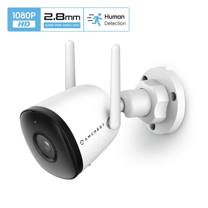 White wireless security camera with dual antennas and 1080P resolution.