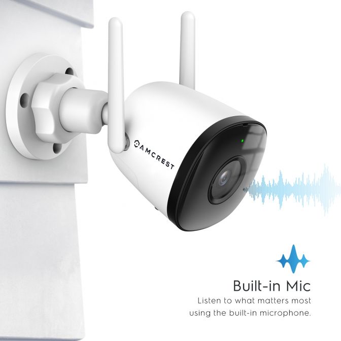 White security camera with built-in mic for clear audio communication.