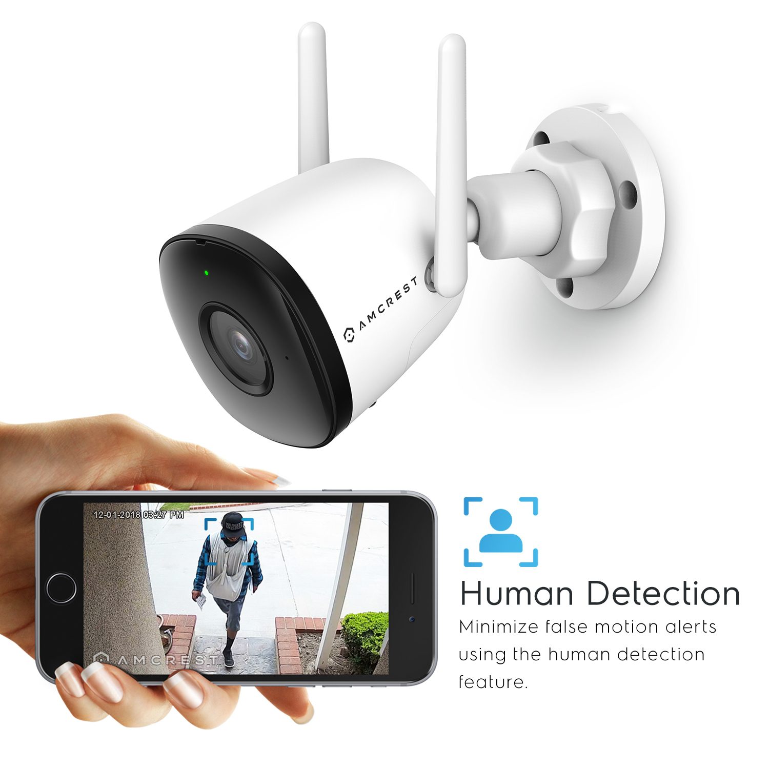Wireless security camera with human detection feature.