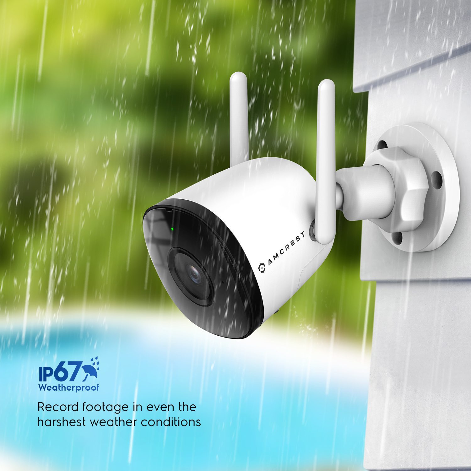 Outdoor security camera with IP67 waterproof rating in heavy rain.