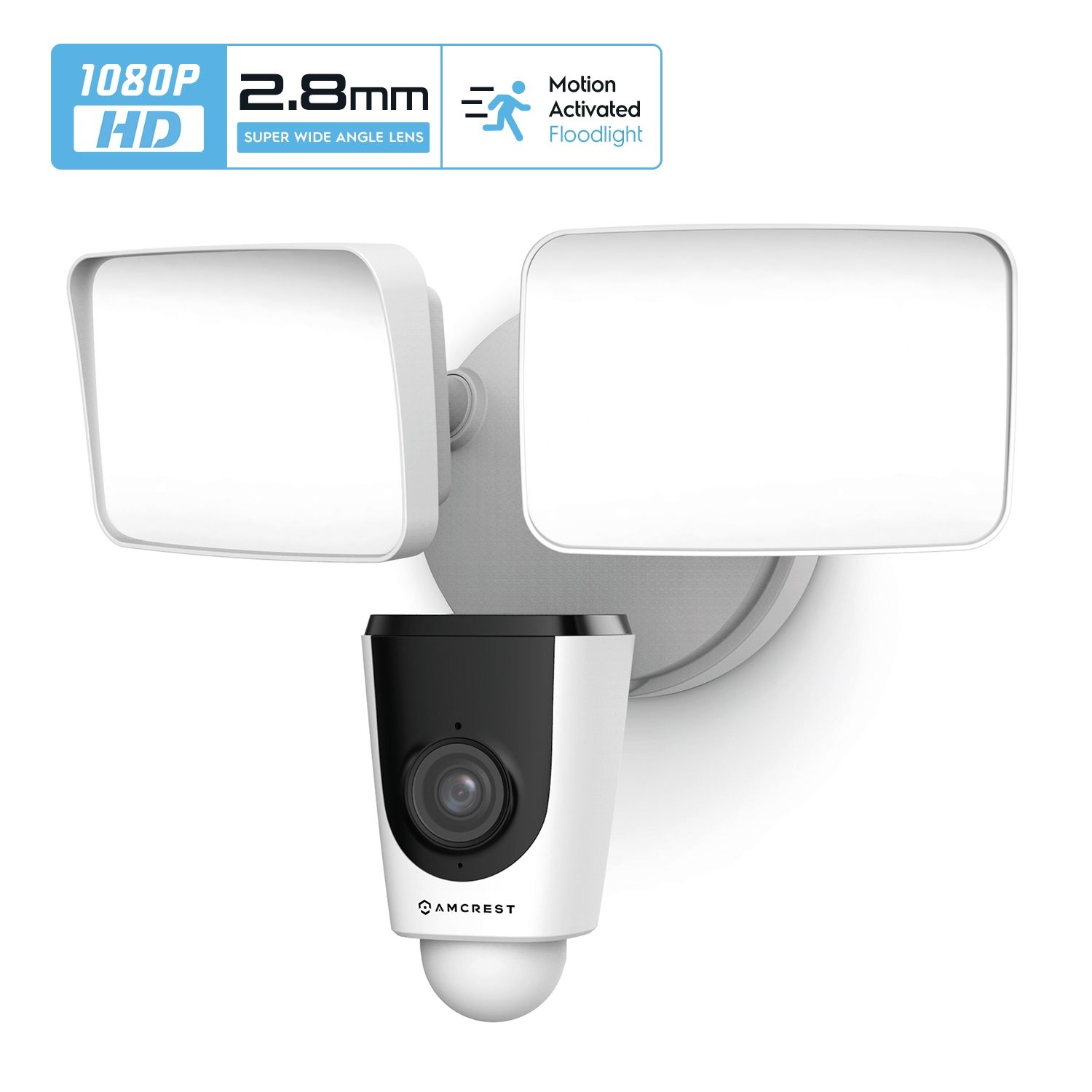 White security floodlight with camera and motion sensor.