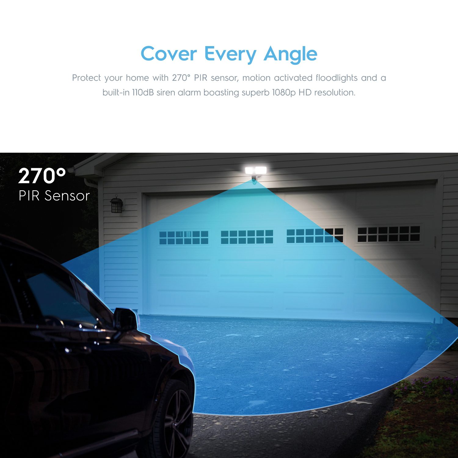 A car's 270° PIR sensor lighting up a garage area.