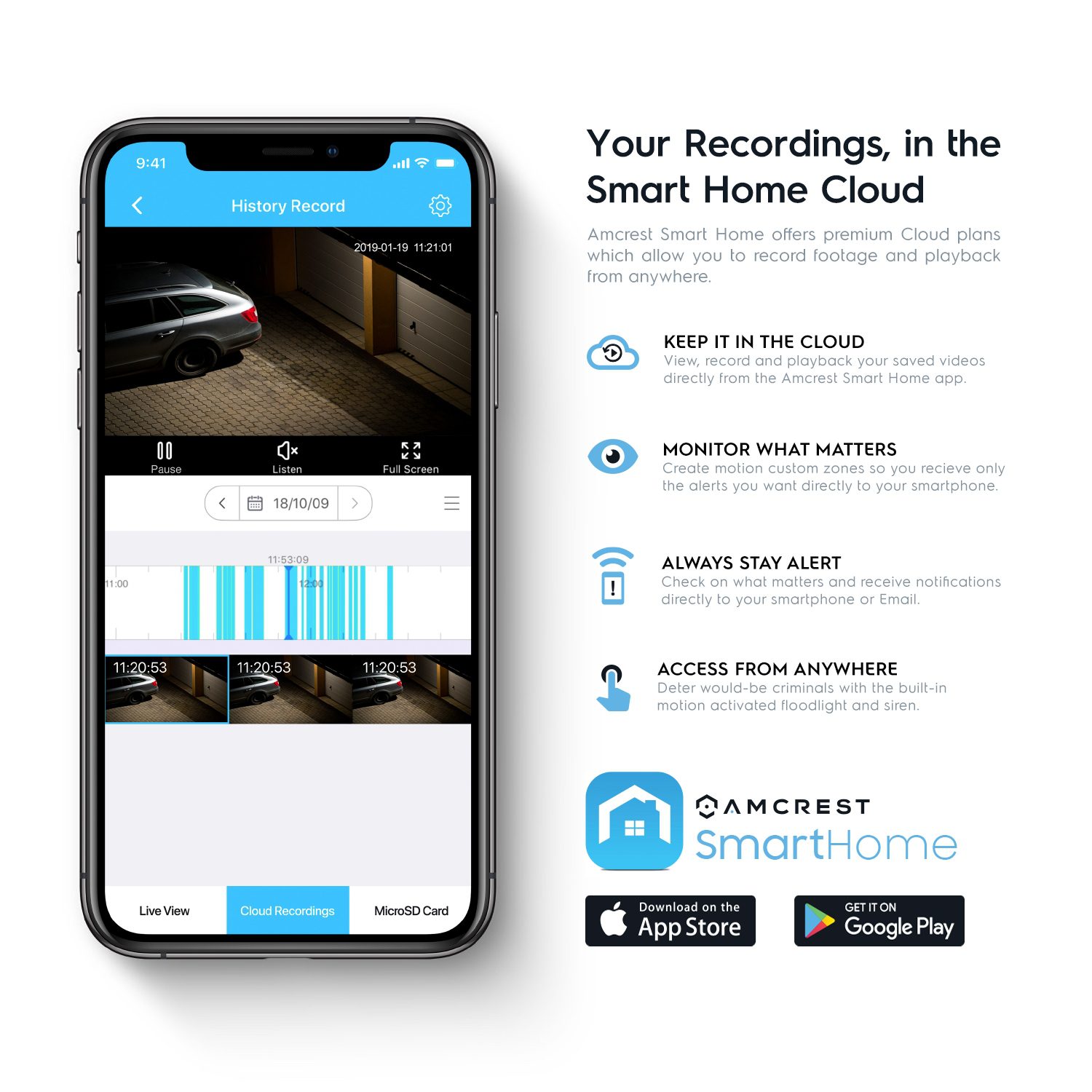 Smartphone app displaying home security camera recordings and activity timeline.