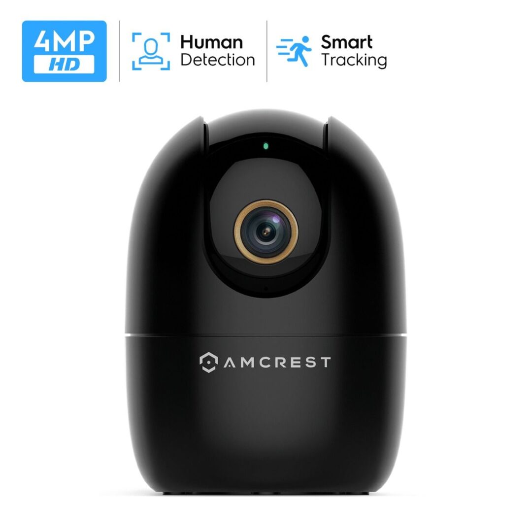 Compact black security camera with 4MP HD and smart tracking features.