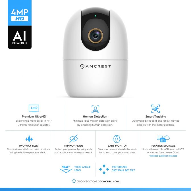 White AI-powered security camera with multiple smart features.