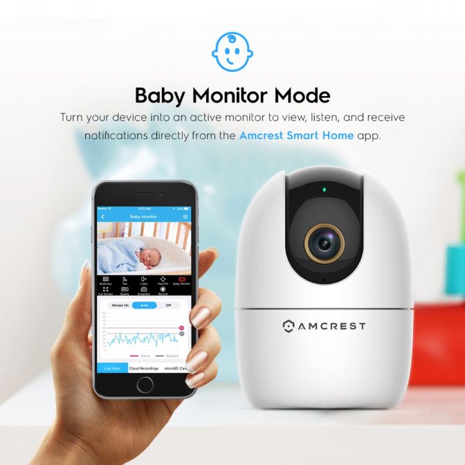 Baby monitor camera with smartphone app for live video and sound monitoring.