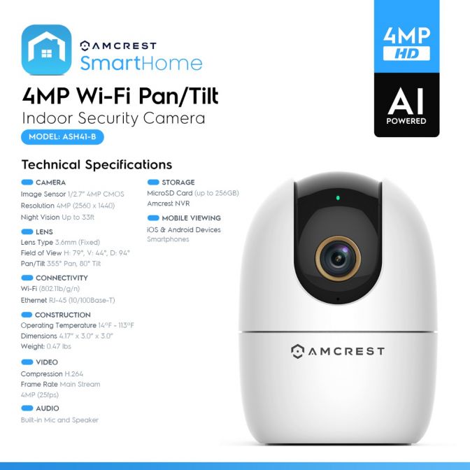 4MP Wi-Fi Pan/Tilt indoor security camera with AI and smart features.