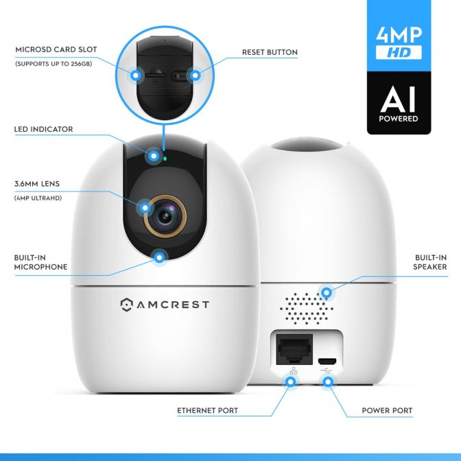 Smart AI security camera with 4MP resolution and night vision.