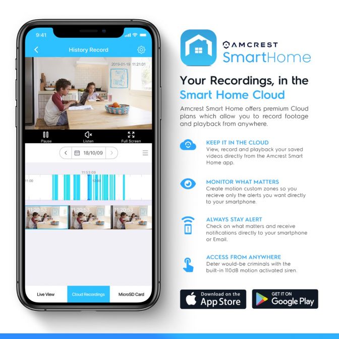 Smartphone app showing home security camera footage and analytics.
