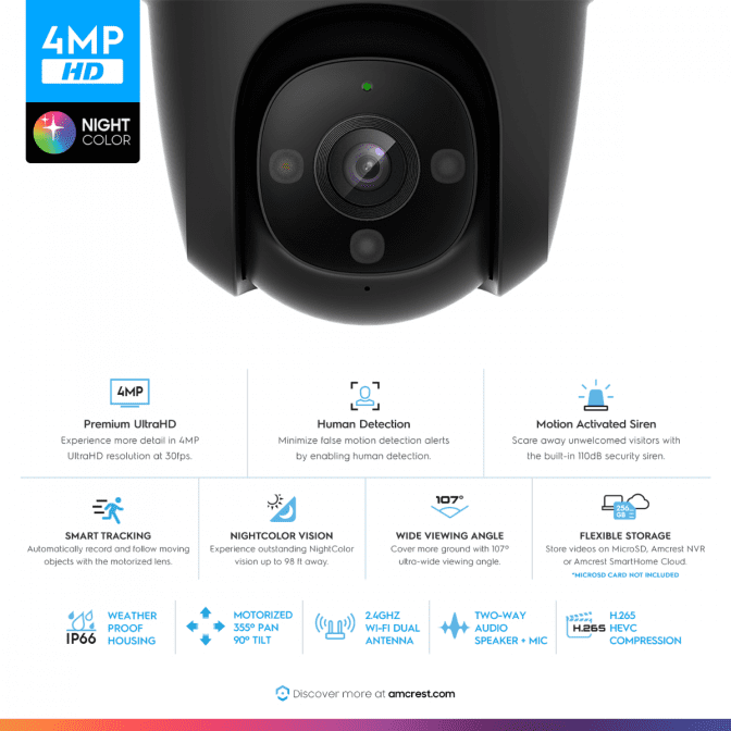 4MP HD security camera with AI and smart detection features.