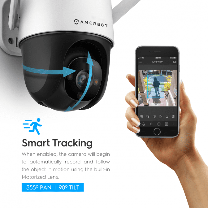 Smart Tracking feature uses AI to follow subjects automatically, viewable on mobile.