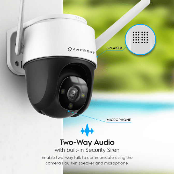 Outdoor security camera with two-way audio and built-in security siren.