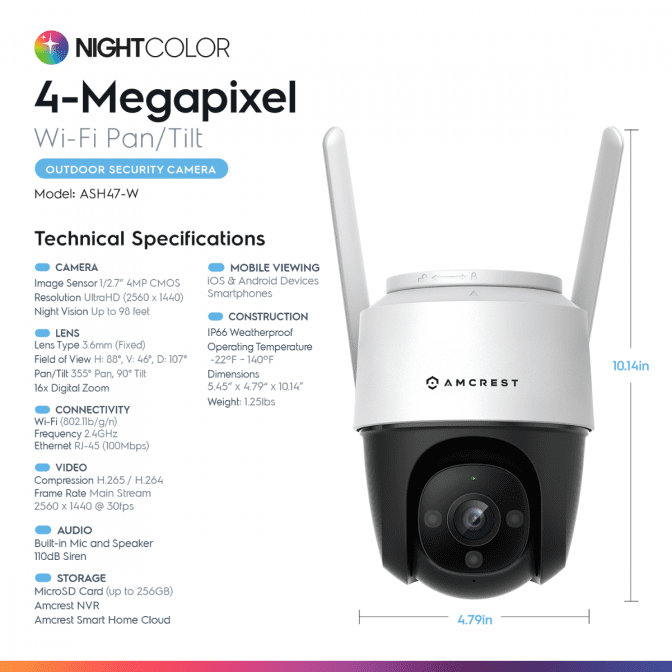 4-Megapixel NightColor Wi-Fi outdoor security camera with pan-tilt and zoom.