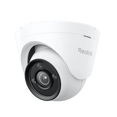 White dome security camera with a black lens.