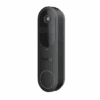 A sleek black video doorbell with a camera and button.