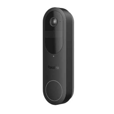 A sleek black video doorbell with a camera and button.