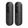 Two sleek black smart doorbells with cameras and buttons.