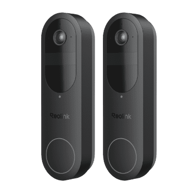 Two sleek black smart doorbells with cameras and buttons.
