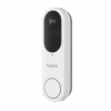 A sleek white video doorbell with a camera and button.