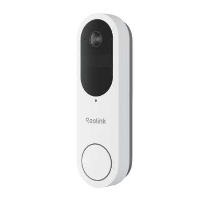 A sleek white video doorbell with a camera and button.