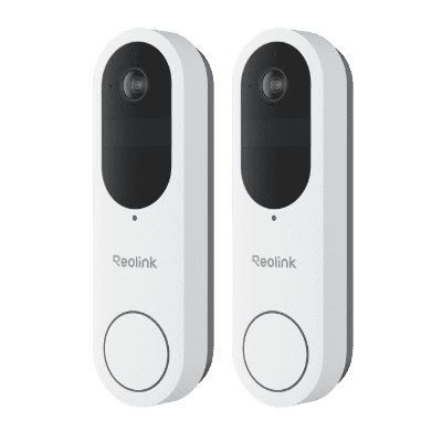 Two white Reolink smart video doorbells against a gray background.