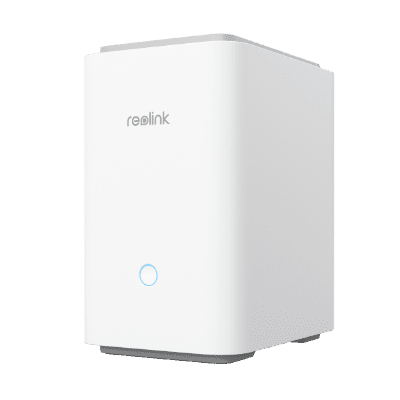 White Reolink device with a blue indicator light.