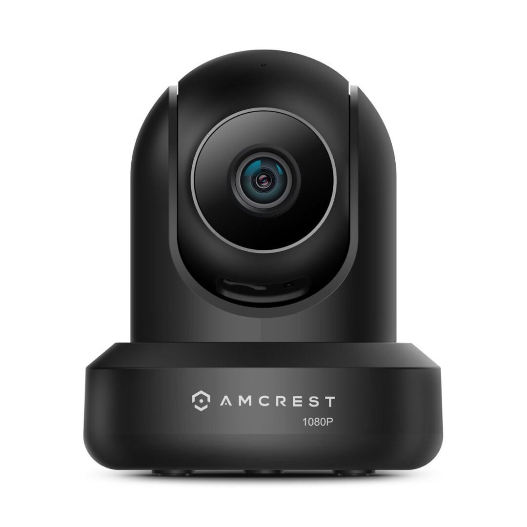 Black Amcrest surveillance camera with a wide-angle lens.