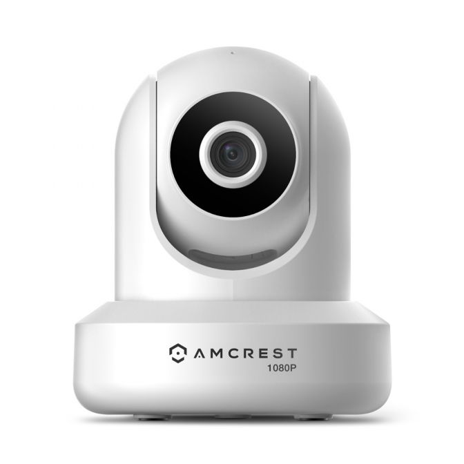 White Amcrest security camera with a black lens on a white background.
