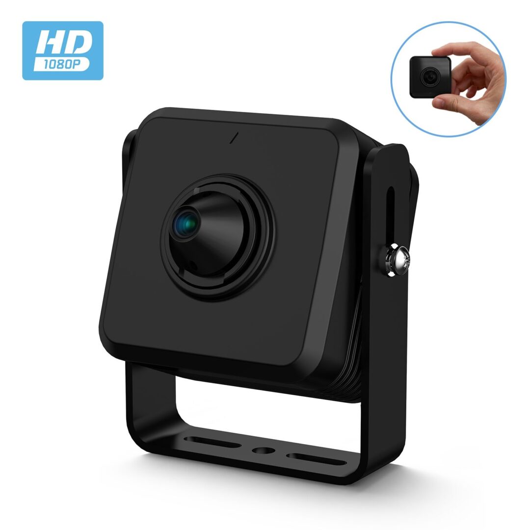 Compact black HD security camera with mounting bracket.
