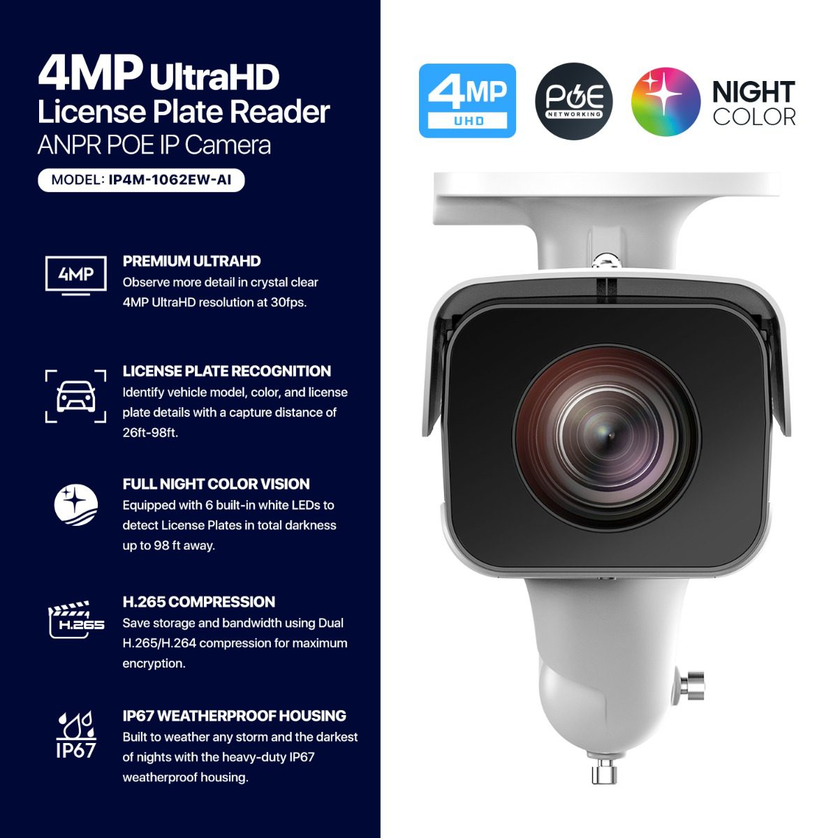 4MP Ultra HD license plate camera with night vision and IP67 rating.