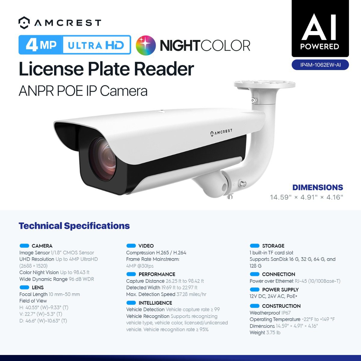 Amcrest AI License Plate Reader IP camera with ANPR and POE features.