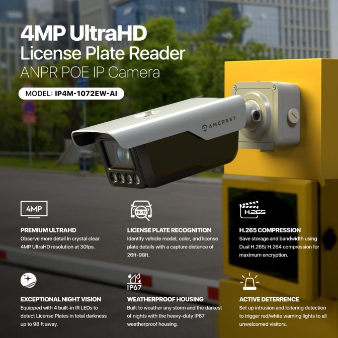 4MP UltraHD license plate reader with advanced recognition and adaptation features.