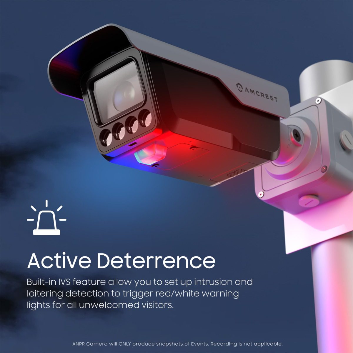Security camera with active deterrence lights at night.