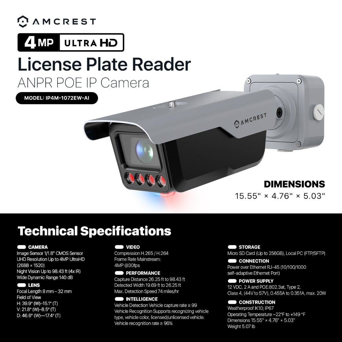 Amcrest 4MP Ultra HD License Plate Reader camera for ANPR/PDF IP.