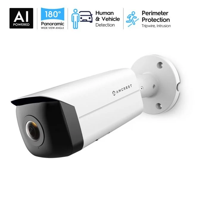 AI-powered outdoor security camera with 180° wide-angle and perimeter protection.