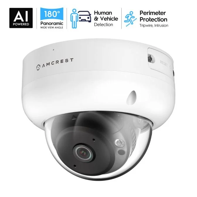 White dome security camera with 180° panoramic view and human detection.